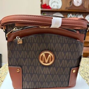 Michael Kelly Brown and Tan Crossbody Bag with Gold Accents